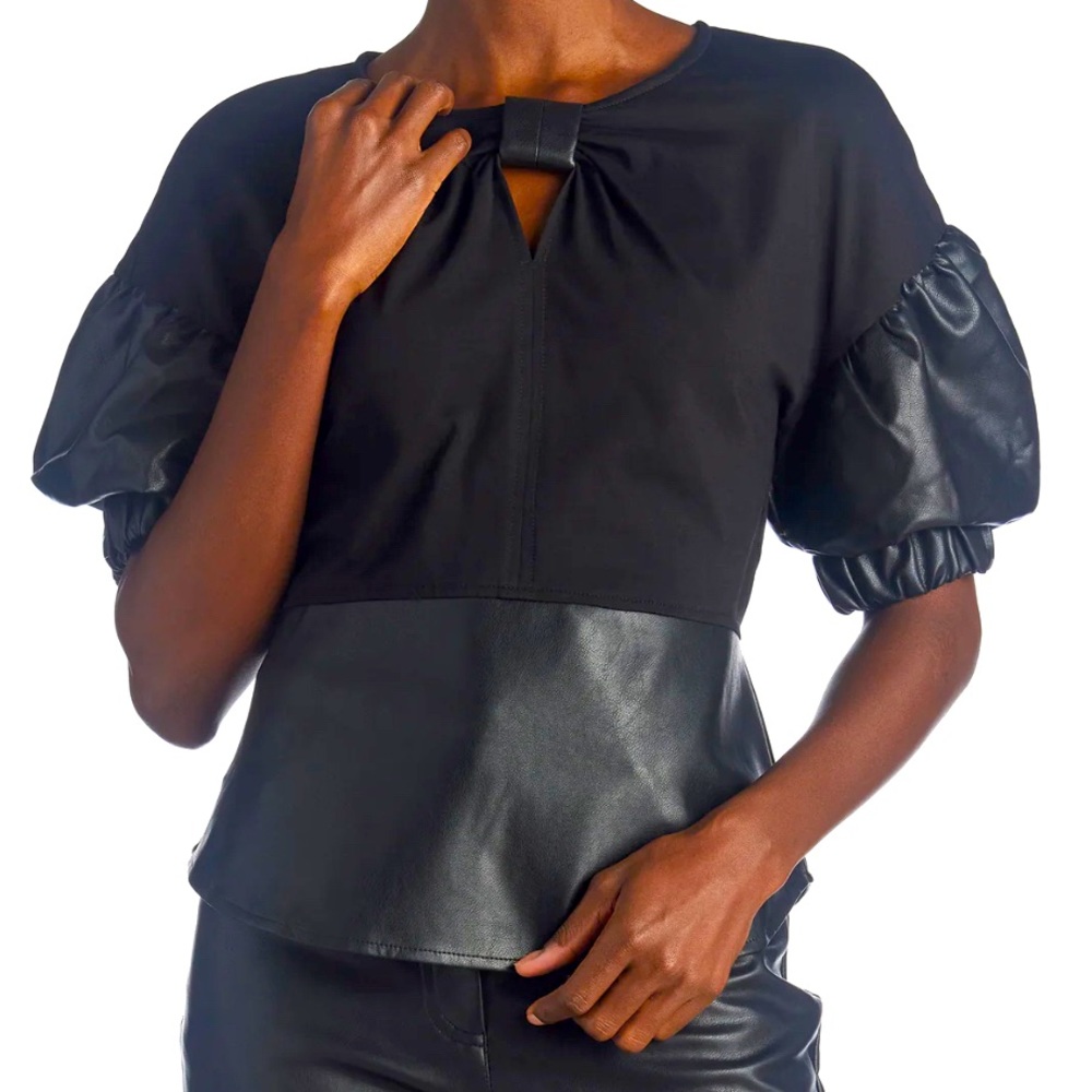 NWT GRACIA Puff Sleeve Pleather Top sz S